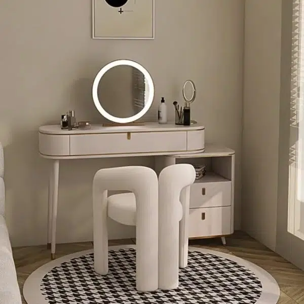 Contemporary Nordic Cream Trapezoidal Triangle Metal Velvet Vanity Stool Backrest Armrest For Bedroom - Image 14