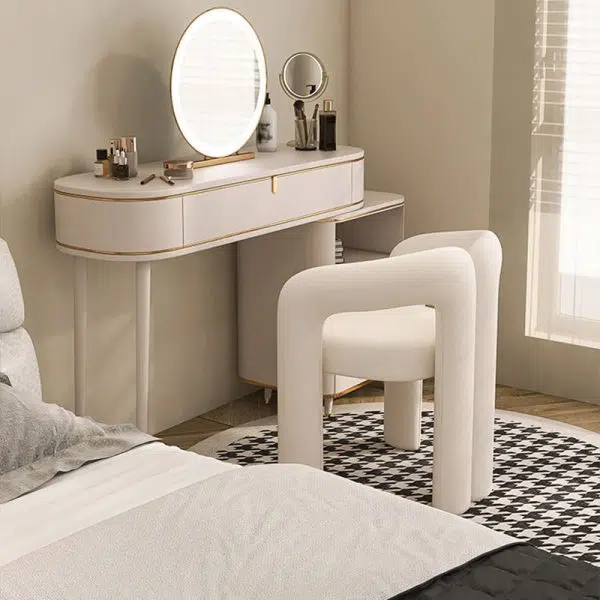Contemporary Nordic Cream Trapezoidal Triangle Metal Velvet Vanity Stool Backrest Armrest For Bedroom - Image 6