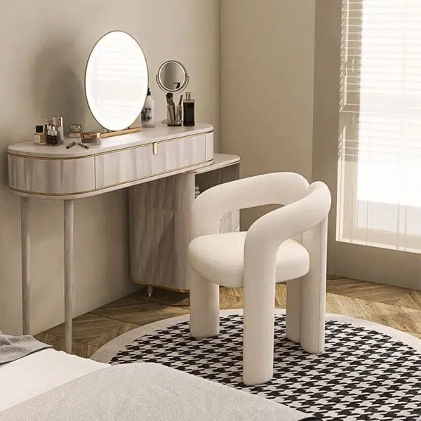 Contemporary Nordic Cream Trapezoidal Triangle Metal Velvet Vanity Stool Backrest Armrest For Bedroom - Image 2