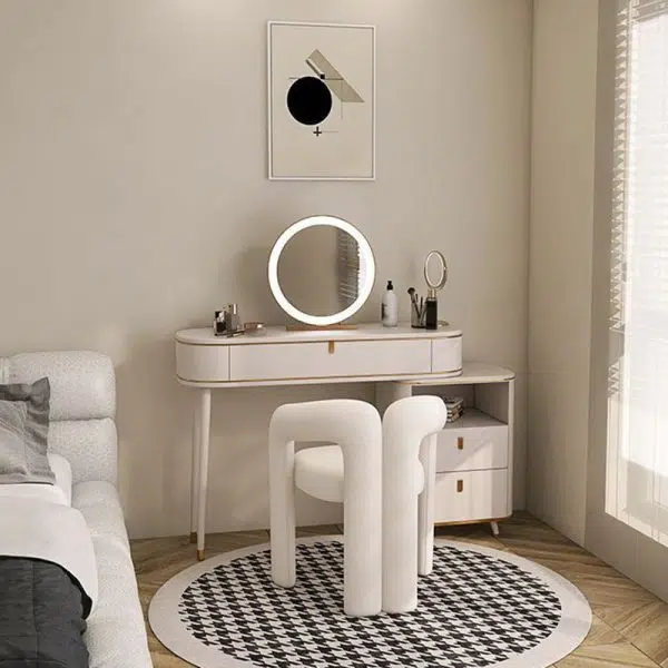 Contemporary Nordic Cream Trapezoidal Triangle Metal Velvet Vanity Stool Backrest Armrest For Bedroom - Image 3