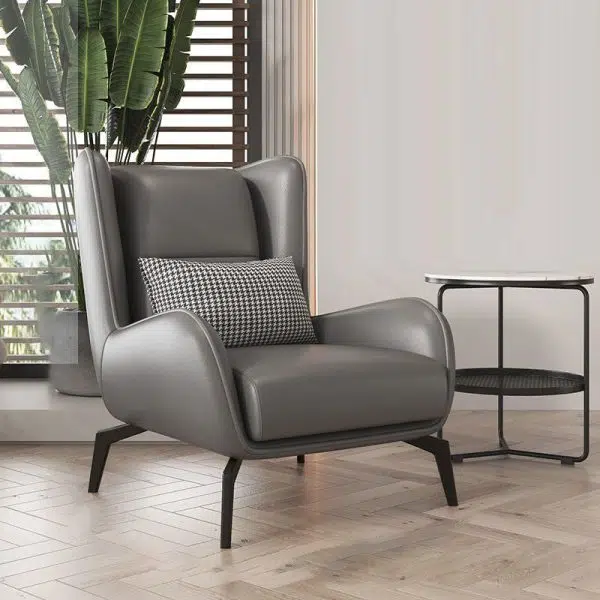 Modern Minimalist Rectangular Curved Metal Leather Accent Chair Backrest Armrest For Living Room