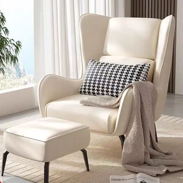 Modern Minimalist Rectangular Curved Metal Leather Accent Chair Backrest Armrest For Living Room - Image 7