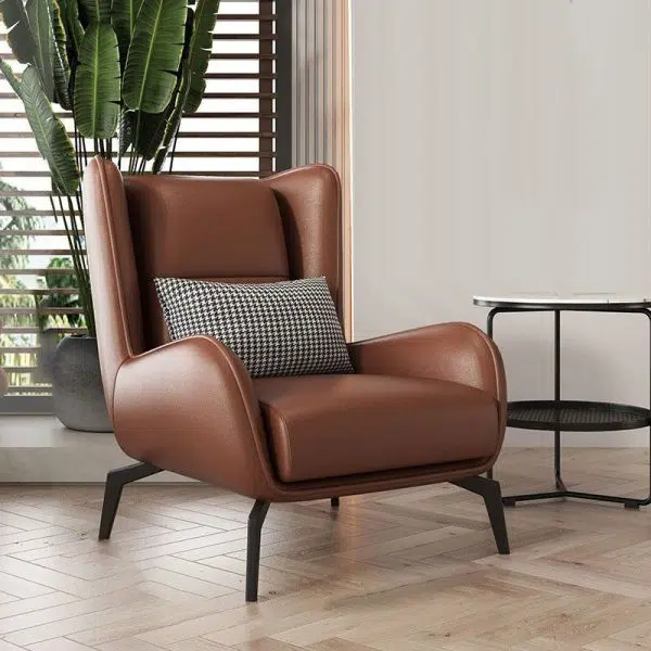 Modern Minimalist Rectangular Curved Metal Leather Accent Chair Backrest Armrest For Living Room - Image 3