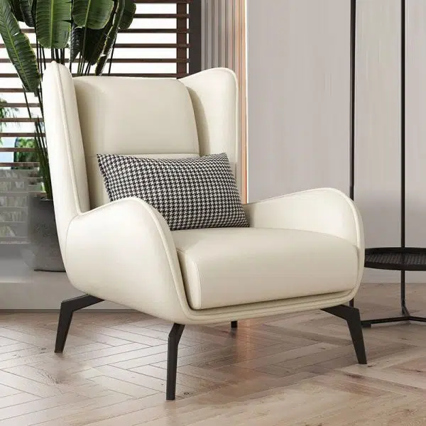 Modern Minimalist Rectangular Curved Metal Leather Accent Chair Backrest Armrest For Living Room - Image 6