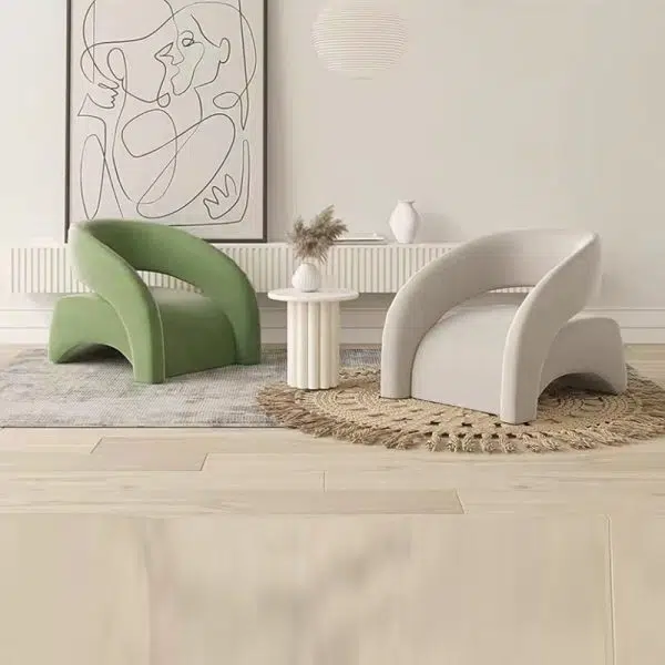 Contemporary Scandinavian Cream Curved Square Wood Lambswool Velvet Accent Chair Backrest Armrest For Living Room