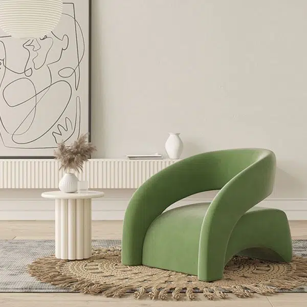 Contemporary Scandinavian Cream Curved Square Wood Lambswool Velvet Accent Chair Backrest Armrest For Living Room - Image 12