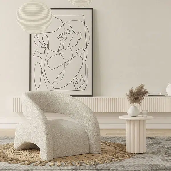 Contemporary Scandinavian Cream Curved Square Wood Lambswool Velvet Accent Chair Backrest Armrest For Living Room - Image 13