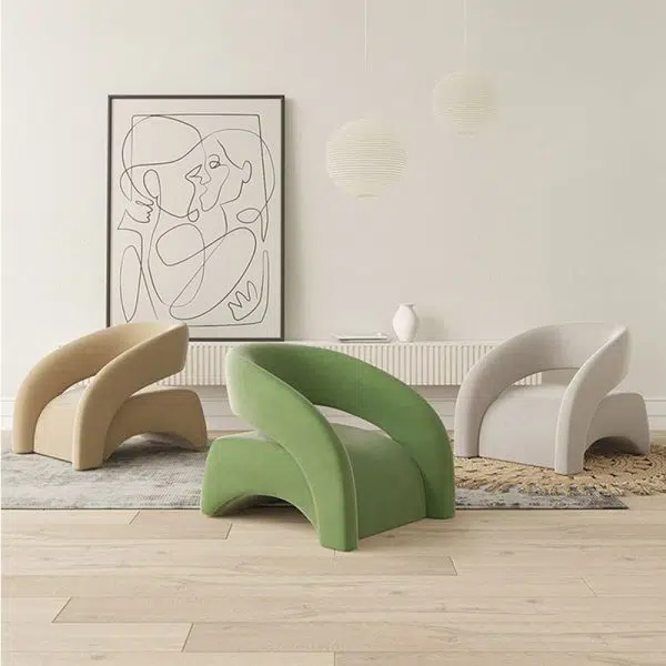 Contemporary Scandinavian Cream Curved Square Wood Lambswool Velvet Accent Chair Backrest Armrest For Living Room - Image 14