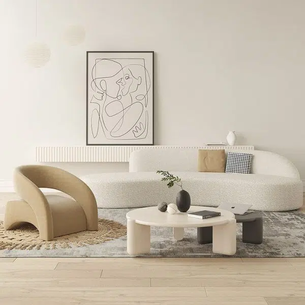 Contemporary Scandinavian Cream Curved Square Wood Lambswool Velvet Accent Chair Backrest Armrest For Living Room - Image 2