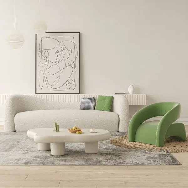 Contemporary Scandinavian Cream Curved Square Wood Lambswool Velvet Accent Chair Backrest Armrest For Living Room - Image 11