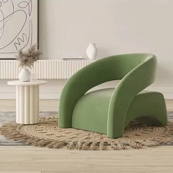 Contemporary Scandinavian Cream Curved Square Wood Lambswool Velvet Accent Chair Backrest Armrest For Living Room - Image 3