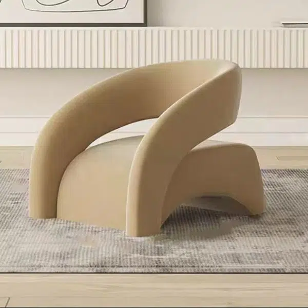 Contemporary Scandinavian Cream Curved Square Wood Lambswool Velvet Accent Chair Backrest Armrest For Living Room - Image 8