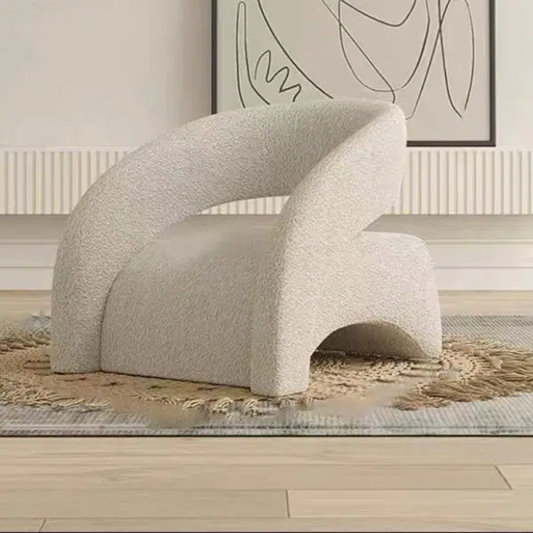 Contemporary Scandinavian Cream Curved Square Wood Lambswool Velvet Accent Chair Backrest Armrest For Living Room - Image 9