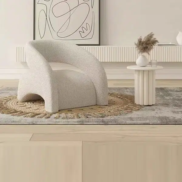 Contemporary Scandinavian Cream Curved Square Wood Lambswool Velvet Accent Chair Backrest Armrest For Living Room - Image 10