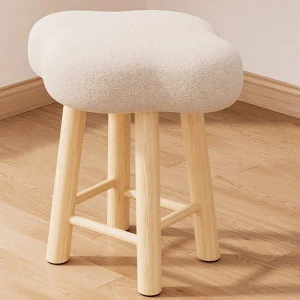 Contemporary Creative Cloud Shape Fabric Lambswool Wood Vanity Stool For Bedroom - Image 14