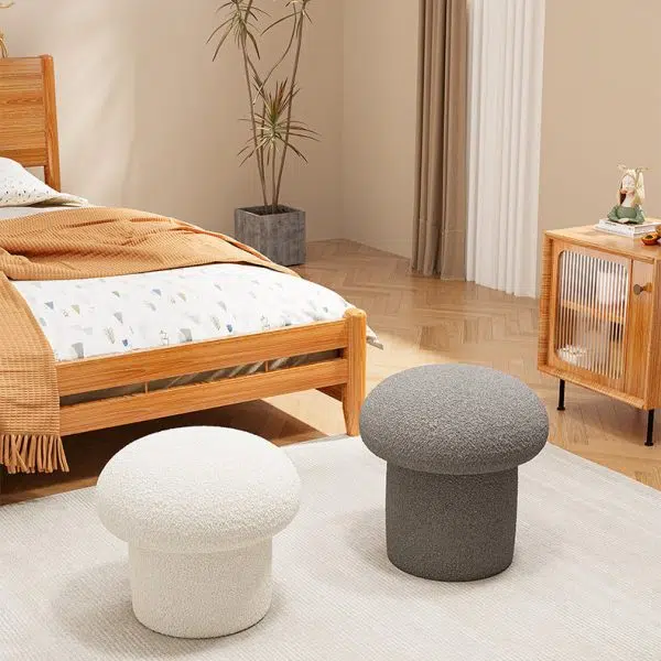 Contemporary Scandinavian Creative Mushroom Round Cylinder Wood Lambswool Vanity Stool For Bedroom - Image 18