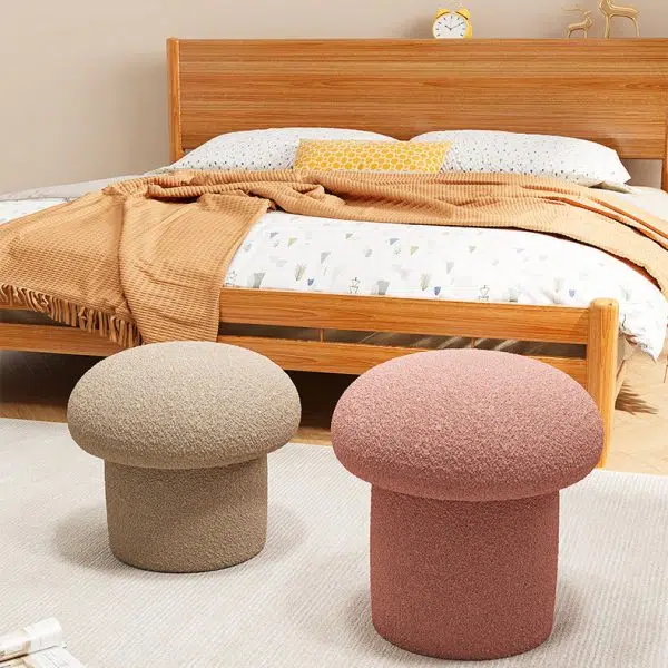 Contemporary Scandinavian Creative Mushroom Round Cylinder Wood Lambswool Vanity Stool For Bedroom - Image 3