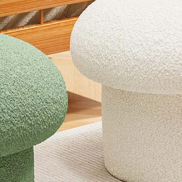 Contemporary Scandinavian Creative Mushroom Round Cylinder Wood Lambswool Vanity Stool For Bedroom - Image 6