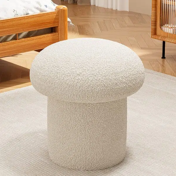 Contemporary Scandinavian Creative Mushroom Round Cylinder Wood Lambswool Vanity Stool For Bedroom - Image 7