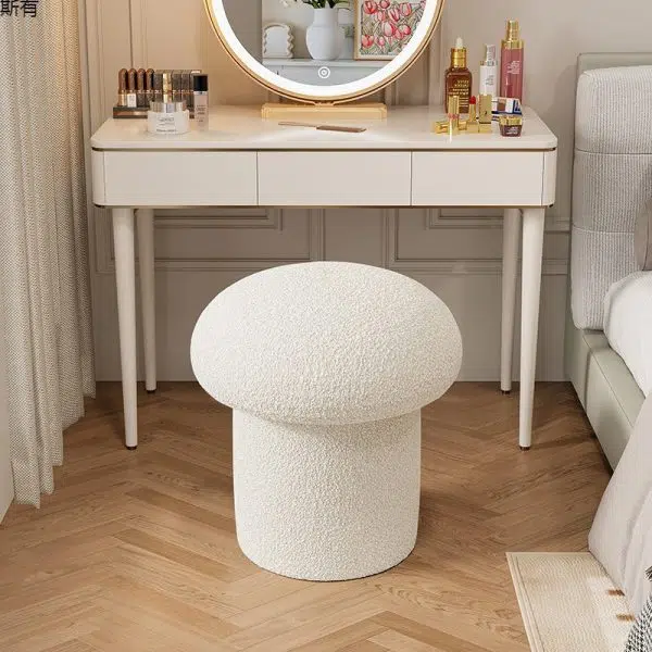 Contemporary Scandinavian Creative Mushroom Round Cylinder Wood Lambswool Vanity Stool For Bedroom