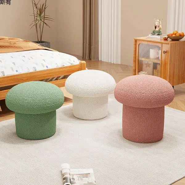 Contemporary Scandinavian Creative Mushroom Round Cylinder Wood Lambswool Vanity Stool For Bedroom - Image 2