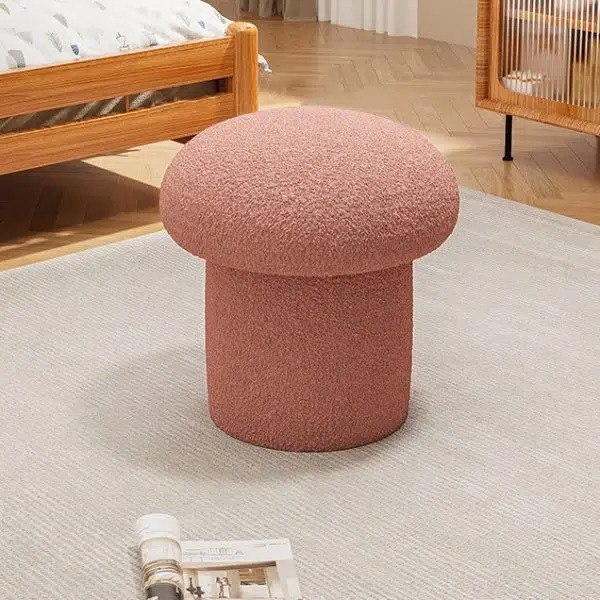 Contemporary Scandinavian Creative Mushroom Round Cylinder Wood Lambswool Vanity Stool For Bedroom - Image 11