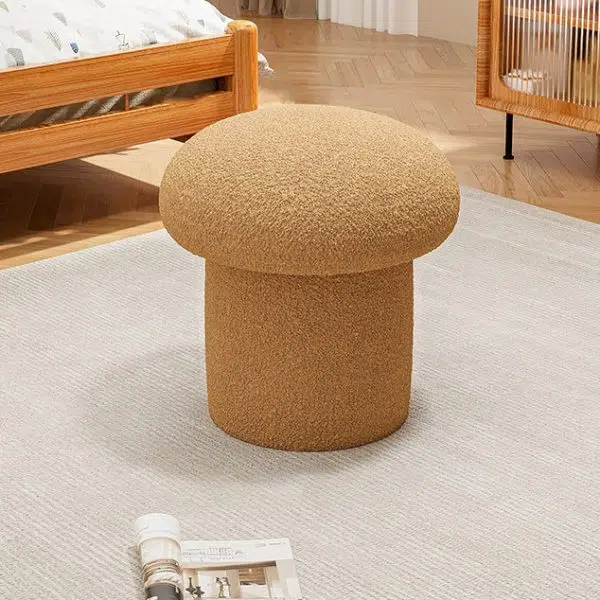 Contemporary Scandinavian Creative Mushroom Round Cylinder Wood Lambswool Vanity Stool For Bedroom - Image 13