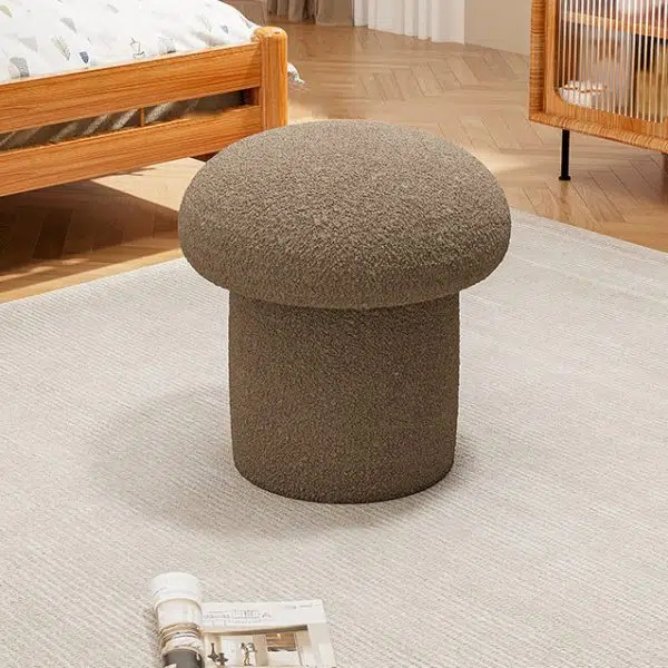 Contemporary Scandinavian Creative Mushroom Round Cylinder Wood Lambswool Vanity Stool For Bedroom - Image 12