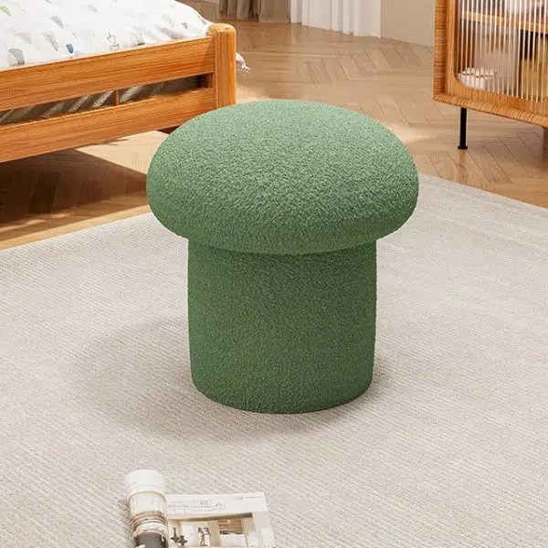 Contemporary Scandinavian Creative Mushroom Round Cylinder Wood Lambswool Vanity Stool For Bedroom - Image 17