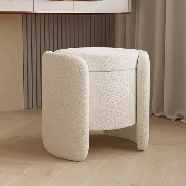 Contemporary Nordic Cream Storable Round Cylinder Wood Lambswool Vanity Stool For Bedroom - Image 11