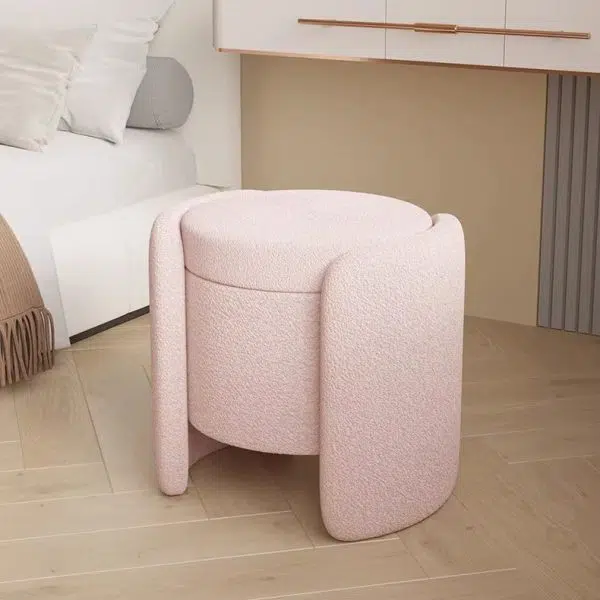 Contemporary Nordic Cream Storable Round Cylinder Wood Lambswool Vanity Stool For Bedroom - Image 2