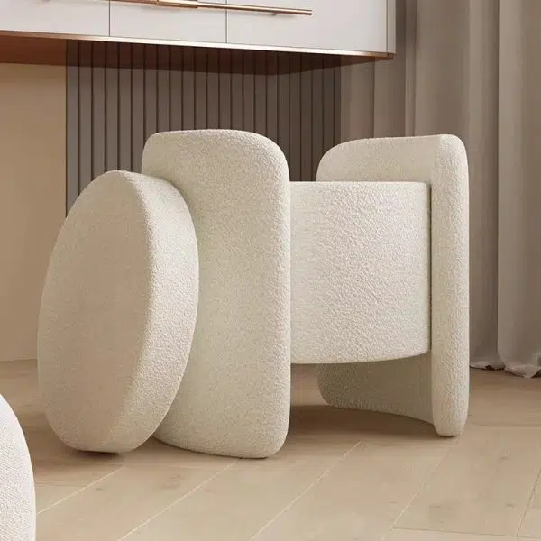 Contemporary Nordic Cream Storable Round Cylinder Wood Lambswool Vanity Stool For Bedroom - Image 7