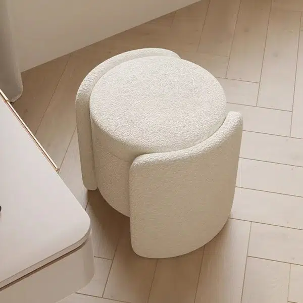 Contemporary Nordic Cream Storable Round Cylinder Wood Lambswool Vanity Stool For Bedroom - Image 9