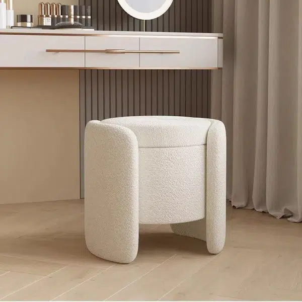 Contemporary Nordic Cream Storable Round Cylinder Wood Lambswool Vanity Stool For Bedroom - Image 13