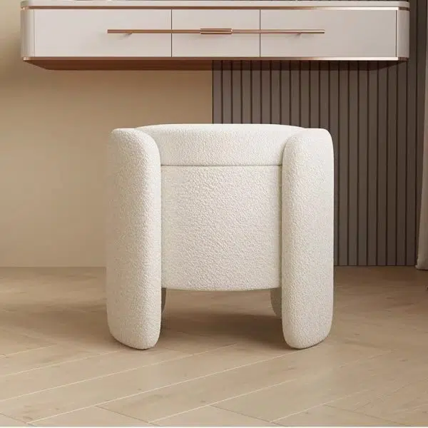 Contemporary Nordic Cream Storable Round Cylinder Wood Lambswool Vanity Stool For Bedroom - Image 14