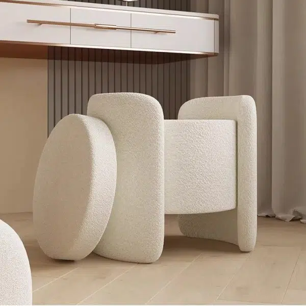Contemporary Nordic Cream Storable Round Cylinder Wood Lambswool Vanity Stool For Bedroom - Image 15