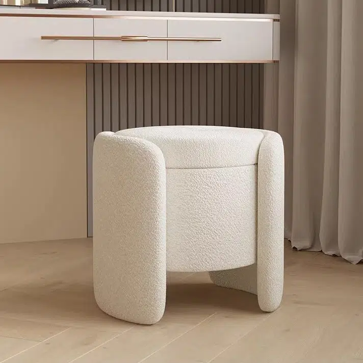 DFM-Chair-FM01262-4.jpg Contemporary Nordic Cream Storable Round Cylinder Wood Lambswool Vanity Stool For Bedroom - Image 1