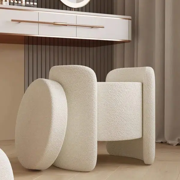 Contemporary Nordic Cream Storable Round Cylinder Wood Lambswool Vanity Stool For Bedroom - Image 6