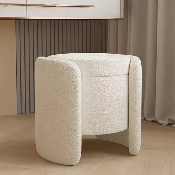Contemporary Nordic Cream Storable Round Cylinder Wood Lambswool Vanity Stool For Bedroom - Image 12