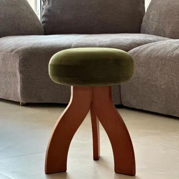 Contemporary Creative Round Lambswool Solid Wood Vanity Stool 3-Leg For Bedroom - Image 3
