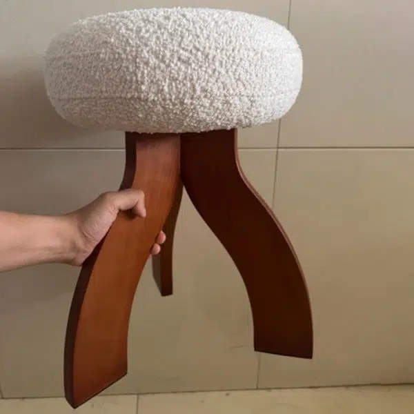 Contemporary Creative Round Lambswool Solid Wood Vanity Stool 3-Leg For Bedroom - Image 2