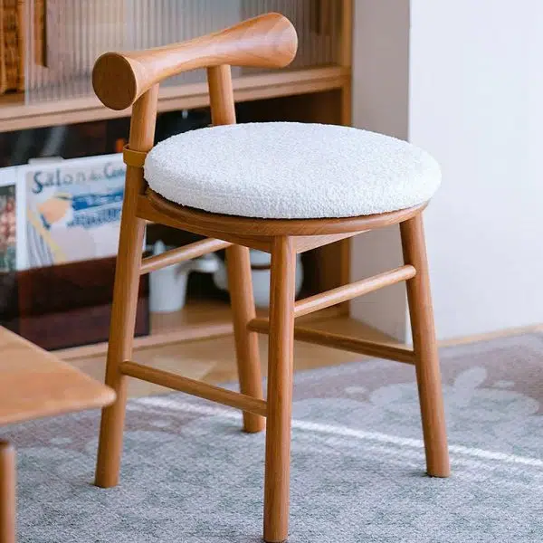 Contemporary Scandinavian Round Solid Wood Lambswool Vanity Stool Backrest For Bedroom - Image 14
