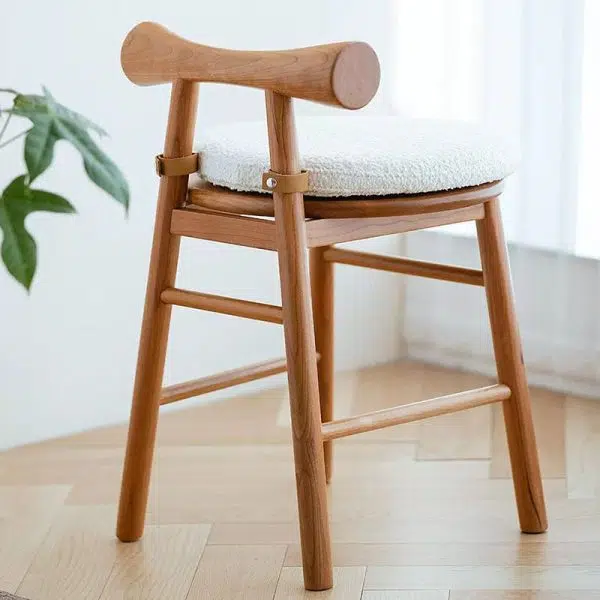 Contemporary Scandinavian Round Solid Wood Lambswool Vanity Stool Backrest For Bedroom - Image 15