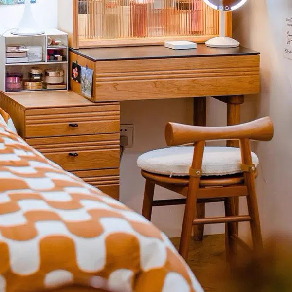 Contemporary Scandinavian Round Solid Wood Lambswool Vanity Stool Backrest For Bedroom - Image 2