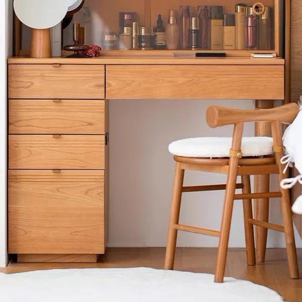 Contemporary Scandinavian Round Solid Wood Lambswool Vanity Stool Backrest For Bedroom - Image 3