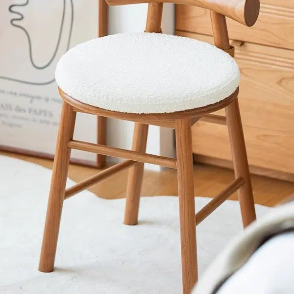 Contemporary Scandinavian Round Solid Wood Lambswool Vanity Stool Backrest For Bedroom - Image 9