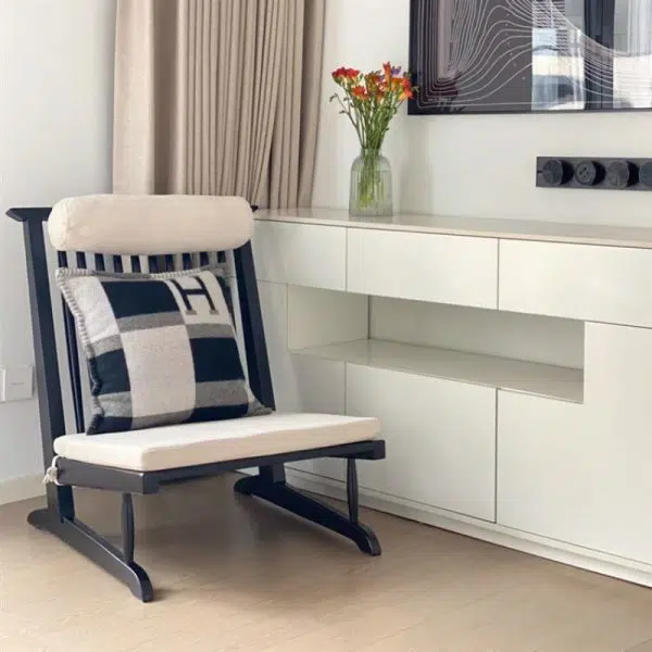 Traditional Japanese Rectangular Solid Wood Linen Accent Chair Backrest For Living Room - Image 3