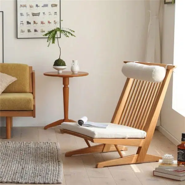 Traditional Japanese Rectangular Solid Wood Linen Accent Chair Backrest For Living Room - Image 11