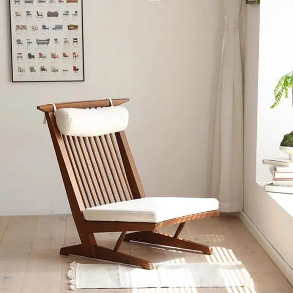 Traditional Japanese Rectangular Solid Wood Linen Accent Chair Backrest For Living Room - Image 12