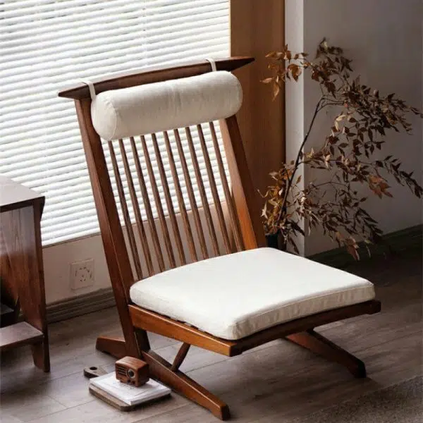 Traditional Japanese Rectangular Solid Wood Linen Accent Chair Backrest For Living Room - Image 2
